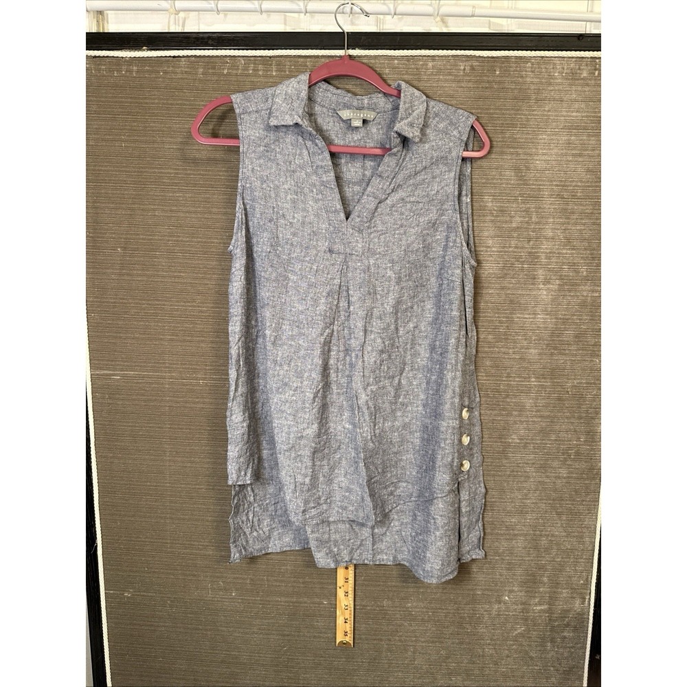 Linen Blend Tunic Top M Sleeveless High Low Coastal Blue Navy Button V Neck